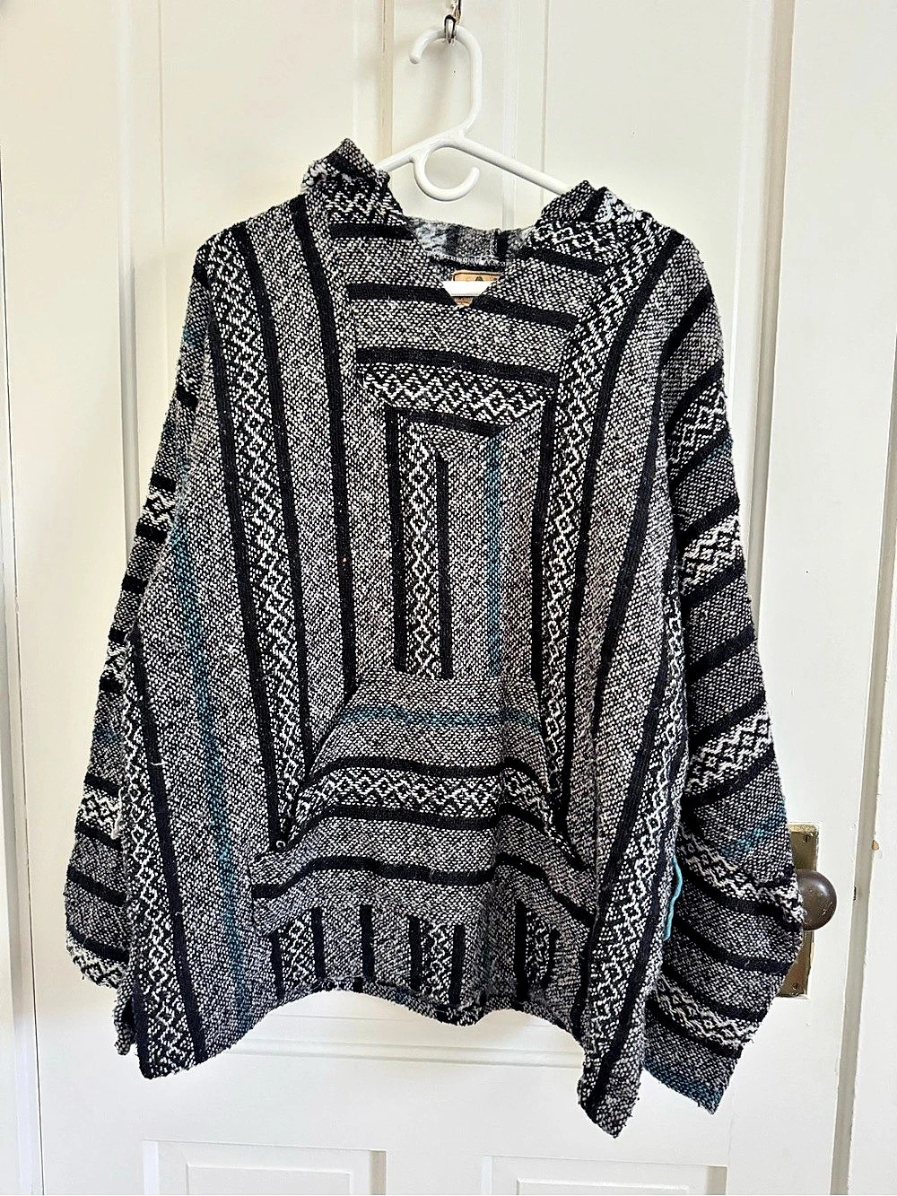 Geometric Hooded Tunic in Black & Blue